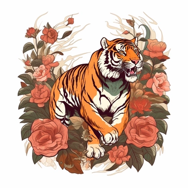 A retro illustration of prowling tiger surrounded with flowers and art nouveau details, professional clipart, beautiful fall color palette, inspired by sailor jerry tattoos, epic composition on white background, 8k,