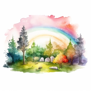 a watercolor of a forrest scenery with rainbow, realistic fantasy Style, vector free clipart illustration, in the style of unreal engine 5, 32k uhd, detailed features, white background