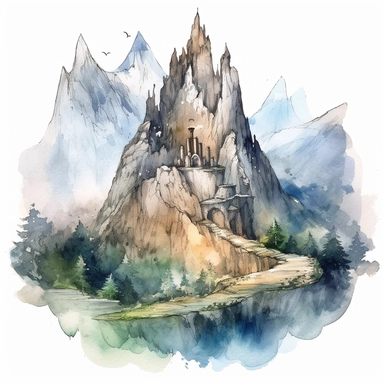 Clipart, watercolor, white background: A fantasy mountain with majestic rock formations and arches, sculpted by the forces of nature and inspiring a sense of wonder.