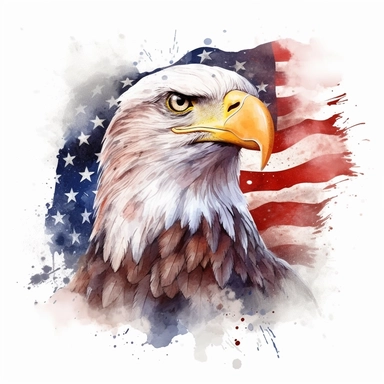 cartoon watercolor american flag with an eagle, very detailed, clipart, modern style, white background, 8k