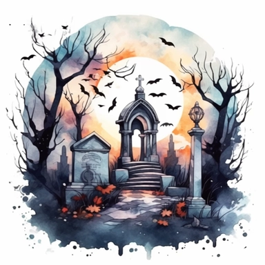 halloween graves watercolor painted with black ink, in the style of hauntingly beautiful illustrations, romantic ruins, nightcore, painted illustrations , isolated white background, clipart,