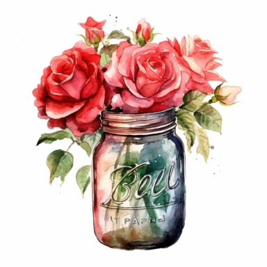 red roses, in mason jar, detailed, clip art, aquarelle