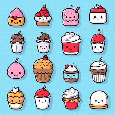 vector line art, Kawaii desserts clipart set - kawaii food - cute food - cakes - cupcake - donut - ice cream - pancake - croissant - cookie - nutella - Nursery clipart, black and white line art