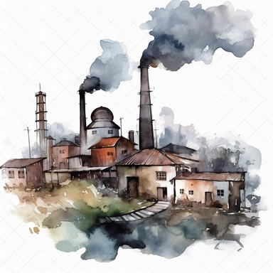water color smoking factories, that simbolizes the destruction on earth, dark buildings, dirt, clipart, hd, no background