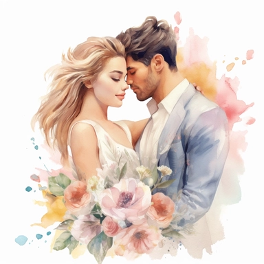 beautiful watercolor fun, happy and cute photorealistic white wedding couple, decorated in big pastel and light colors flowers in the style of aquarelist, wedding illustrations award winner, wedding clipart, 8k, white background, intricate details illustrations very detailed, uhd exquisite clothing detail, rimel neffati