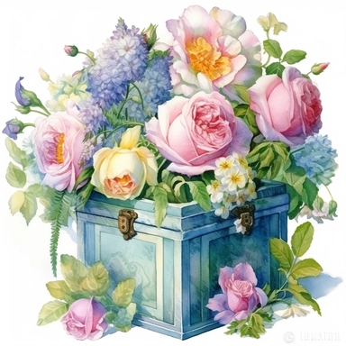 Empty open old blue/green pattern chest full of breathtaking english roses in pastel combo, clip art with white background,by ann buccarelli ,watercolor, white all around the chest, background ,watercolour, insanely detailed, on white background, amazing colour combo, with detailed watercolor blooms of spring garden flowers white/ pink/ green, bec winnel, intricately textured, close up, walter Langley, lucy grossmith, heavy impasto technique, detailed shading, atmospheric watercolours, on white 