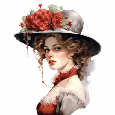 old victorian era, royal young lady fancy hat, gorgeous, angle perspective, painting, decorated with minimal amount of red roses, intricate details, elegance, charm, clipart, white background