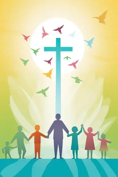 Create a cute and cheerful family scene that depicts the concept of faith. The scene could include a happy family standing together with their eyes closed, holding hands and smiling. They could be surrounded by symbols of faith such as a cross or a dove. The background could be a bright and sunny day with birds flying in the sky. The illustration should be done in a vector art, clipart art, cartoon style with black fine lines, sketch art, and black ink to make it easy to color for a coloring boo