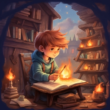 Create One clipart inspired by fire boy: The clipart exudes a cozy ambiance, with a sense of warmth and tranquility. , discovering its secrets and.cozzy watercolor style. in 4K. so it can be used in fantasy books. beautifull coloring
