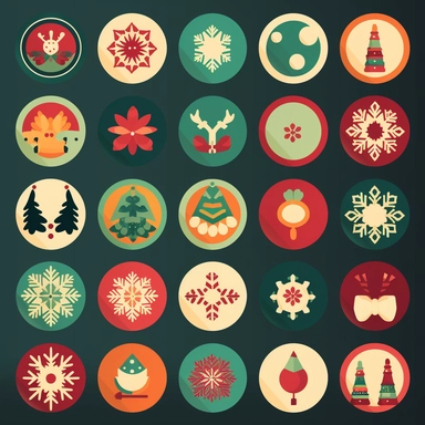 A collection of festive holiday icons (content) in a digital vector clipart style (medium) inspired by seasonal celebrations and decorative elements (style) with crisp, flat lighting (lighting) using a color palette of traditional holiday colors, such as reds, greens, golds, and whites (colors) featuring a variety of symbols, such as a snowflake, Christmas tree, ornament, and gift box, designed with smooth lines and a cheerful style, isolated on a transparent background, perfect for enhancing ho