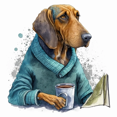 funny hound dog wearing a v-neck sweater, drinking a cup of coffee, CLIPART, watercolor, ink, ultra-detailed, cartoon style, white background, black outside lines