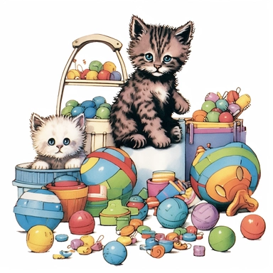 Endearing kitten clipart, displaying an array of adorable kittens in playful and curious poses, accompanied by various cat toys and accessories in the style of john james audobon