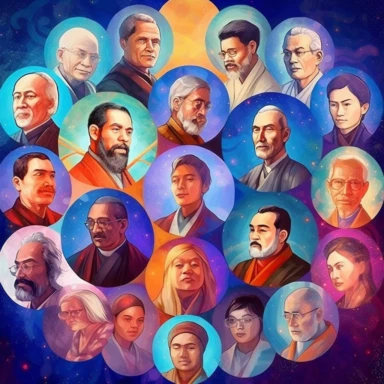 A professional digital art illustration hand painted style of spiritual leaders clipart collection on universe background