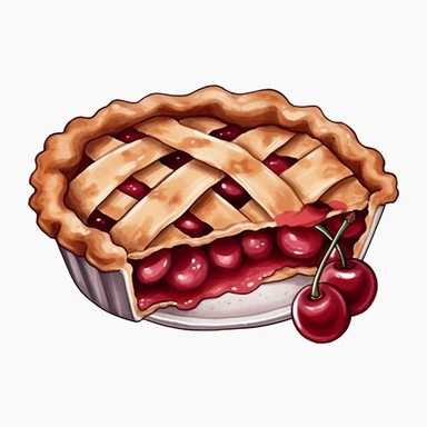 cherry pie drawing, illustration clipart, detailed, black outline, white background, digital art, watercolor