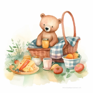 Watercolor clipart of a very cute bear sat down on the grass beside a food basket having a picnic. Luminous, glowy, illustration, simple, watercolor painted, vivid colors, by amy sol and magali villeneuve and susan bourdet and ross tran, intricate, illustration, 8k, png, isolated on white background