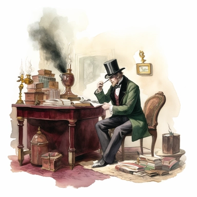 watercolor, hyper realistic, white background, white margins, 16k, ultra detailed clipart, cut out image, hand-drawn, whimsical a man in a top hat and tailcoat writing a letter with a fountain pen, sitting at a mahogany desk in a study with a roaring fireplace, with a color scheme of dark green and burgundy.