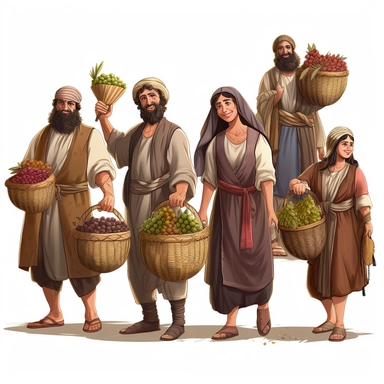 Biblical Jews, men and women from biblical times go to the Temple with straw baskets filled with figs, grapes, barley, pomegranates and dates, pixar style, clipart, detailed