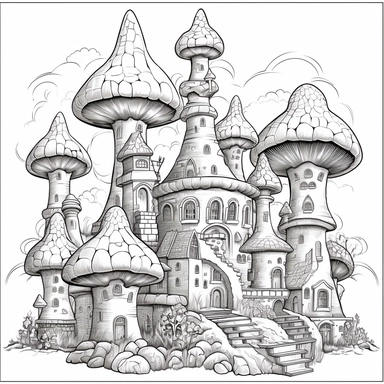 vector art, cartoon retro game, clip art, mushroom church fortress, mushroom saint basils cathedral, mushroom Minaret, mushroom Turrets, mushroom duomos, mushroom domes, mushroom bricks, black and white, line art, coloring book, coloring book page, less detail, outline, illustration, no dithering, drafting, no shading, white background, lines only