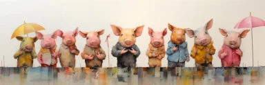 a row of cute miniature piglets, a collage of mixed media art made with tissue paper, magazine and newspaper clippings, oil paint, graphite pencil lines and fabric, in the style of playful surrealism, whimsical, washi tape