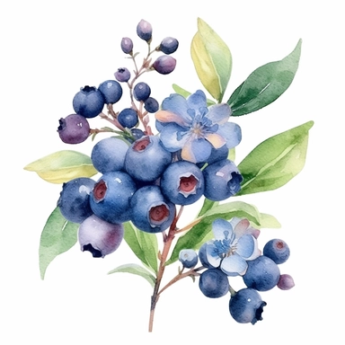 one blueberry bouquet watercolor clipart on a white background, paper crafting, clipart, in the style of pictorial fabrics, celebration of rural life, allover composition, repeating pattern, kitchen still life, opulent fabrics, goosepunk, no watermark, text, 300 DPI , typography, shapes do not stick together, no text in the picture, on a white background
