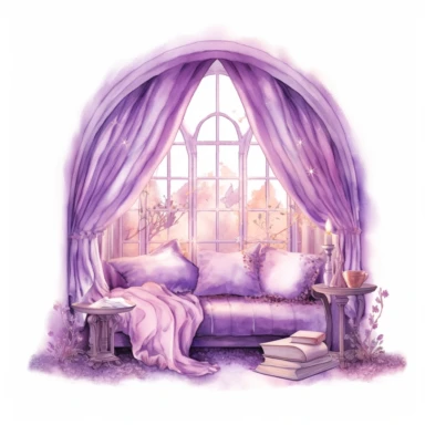 A fairytale style fairy sleeping corner with watercolor effect,suitable for digital clipart,fairy style bed,arched style magical window,reading lamp,white background,magical scene,fairy vibrant colors,pink,purple,lavender,soft details