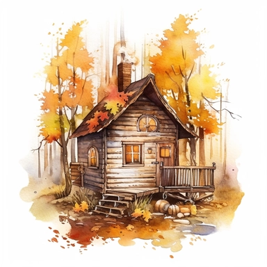 watercolor, hyper realistic, white background, white margins, 16k, ultra detailed clipart, cut out image, hand-drawn a cozy cabin nestled amidst a forest of autumn trees, exuding a sense of warmth and tranquility. earthy color, in the style of pencilsteampunk, delicate watercolor, creative commons attribution, miniaturecore, grocery art, white and amber, website