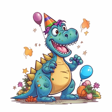 a foolish and cute dinosaur having fun in a birthday party, clipart style, white bg