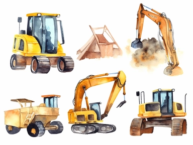watercolor construction clip art for kids , escavator, backhoe digger, bulldozer, caterpillar, white background,