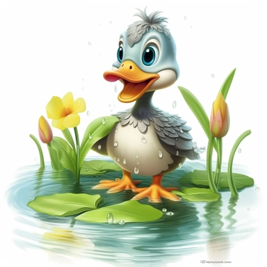 happy duckling swimming in a calm pond, with lily pads and dragonflies, Fairytale Cartoon Art Style, Full Body Image and Appearance, 3D-Designed Character, in style of clipart with no background