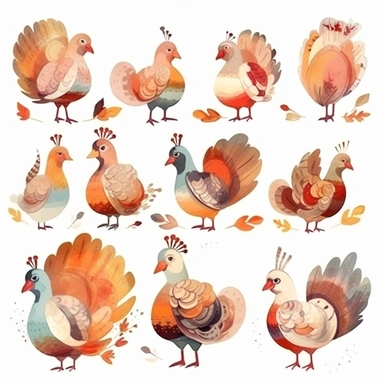 Clipart collection, cute turkey, single design, vector, white background, watercolor
