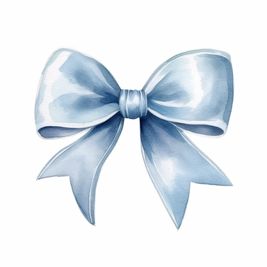 Clipart, watercolor, white background: A pastel blue ribbon bow with a soft and airy texture, conveying a sense of calmness and tranquility.
