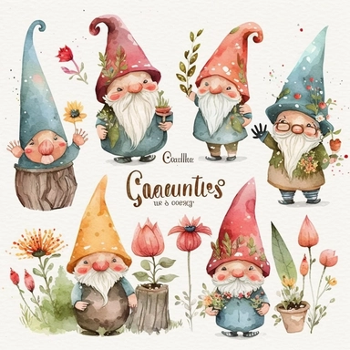 watercolor, clipart set isolate, Garden Gnomes: Clipart illustrations of adorable garden gnomes with pointy hats and cheerful expressions, adding a whimsical touch to your designs.