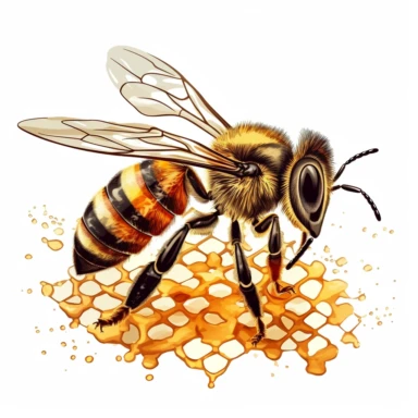 single honey bee on honey hive, vector clipart, saturated colors, isolated on white background, uhd, sharp detail