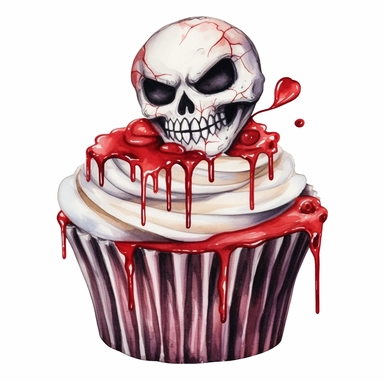 delicious halloween cupcake with queen of hearts, watercolour illustration clipart, extremely detailed, 4k, high quality, colour scheme black, red and white , , isolated on white background - <@1098423716465102849> (relaxed) - <@1098423716465102849> (rela