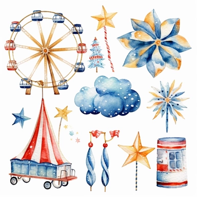 watercolor clipart set fireworks, carousel, blue ribbon, star, lemonade, white background, photo realistic
