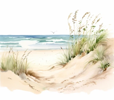 watercolor of the beach and dune clipart, in the style of nature-inspired imagery, hand-drawn animation, uhd image, bec winnel, lush and detailed, layered composition, jacek malczewski, white background