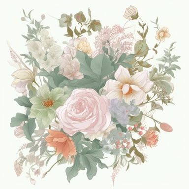 detailed floral clipart featuring an assortment of soft pastel flowers and soft green foliage arranged in an elegant bouquet, wedding style, on a white background, the composition should highlight the delicate petals, intricate patterns, and unique shapes of the individual flowers. Capture the essence of a flourishing garden with a harmonious blend of colors and a variety of floral elements, including roses, tulips, daisies, and wildflowers. Present the clipart on a transparent background, allow