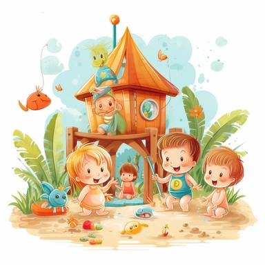 cute babies playing at the summer house, family in background, summer time, no watermark, white background, clipart