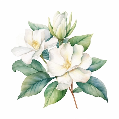 watercolor gardenia flowers clipart for wedding invitation card, hd, detailed, pastel color, clean line, on white background, spaced out