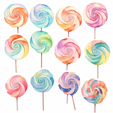 watercolor rainbow spiral lollipop clipart, in pastel pink, pastel bue and pastel mint green, simple handpainted designs, soft harmonious colors, style cute s 900