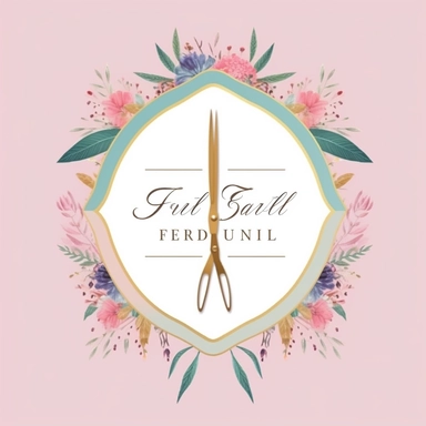 Logo, full frame, vintage and feminine with a modern twist in pastel colors and white, with a pop of bright color, with gold foiling and a white background, scissors, clipart, template