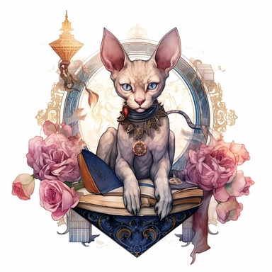 A mysterious Sphynx cat adorned with steampunk-inspired jewelry and gadgets, surrounded by delicate floral blossoms and lounging atop an open book filled with enigmatic symbols. watercolor, Clipart,intricate details, on white background