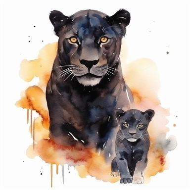 watercolour clipart, black panther and baby panther, standing, rich earth tones, sublimations