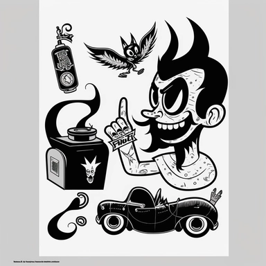 Retro cartoon PNG clipart commercial use that includes a peace sign, tough dog, tattoo gun, barber razor, skateboard, coffee, black and white using this style: