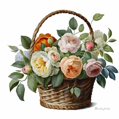 realistic hand painted watercolor of a basket of David Austin English roses, clean white background, clipart