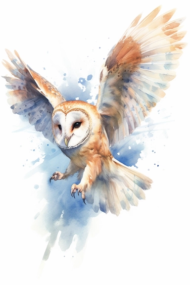 barn owl, use a combination of vibrant colors and subtle variations in color to capture the freshness and vitality of the scene. Let the transparent and flowing nature of watercolors add a sense of lightness and movement to the painting, clipart, plain isolated white background, 8k ultra detail high sharpness