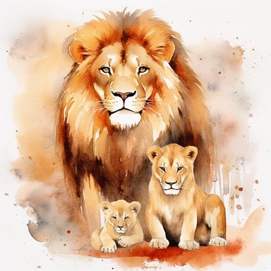watercolour clipart,father and mother loin and baby lion, rich earth tones, sublimations