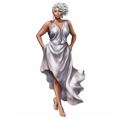 watercolor, full body front facing image of a beautiful mocha airbrushed full-figured black woman with gray hair, wearing a flattering dress, high heel shoes, clipart, HD, hyper realistic, natural look, vibrant colors, 3k resolution, white background