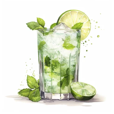 a Mojito cocktail, strong colors, border, 8K, dark watercolor, ultra details, isolated white background, clipart, hand drawn, hand drawn art, in the style of ultra-detailed oil painting pontilism hand drawn collections, pontillism brush, scumbling, HD oil painting collections,