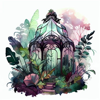 on a white background for a clipart realistic and detailed whimsical deep and bright color watercolor and black ink illustration in the 2d anime style. a glass greenhouse in art nouveau style overgrown with magic and fragrant vegetation, magical details and mystical atmosphere. plants are everywhere